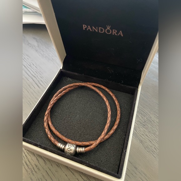 PANDORA Brown Braided Double Leather Charm Bracelet Necklace - Picture 9 of 15